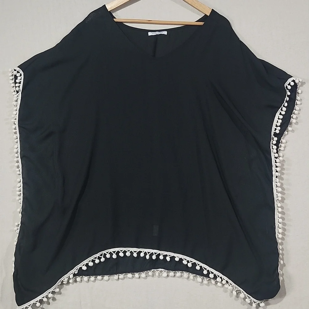 Adreamily Black Semi Sheer Poncho / Bathing‎ Suit Cover W/ White Pom Pom Trim OS